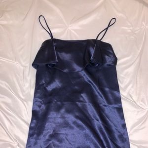 Navy blue satin mini dress w/ ruffle top